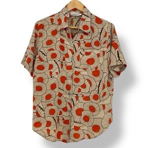 VTG Kathy Che Orange/Red Poppy Print Floral Tan Button Up SS Shirt